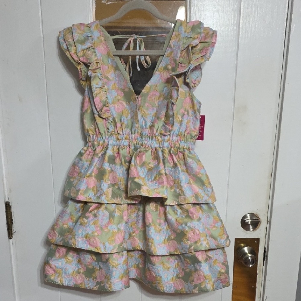NWT Buddy Love Women's Dress Pastel Floral Brocadish Ruffly Plunging Party Sz M